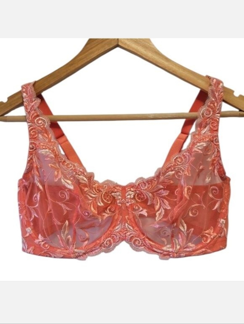 Soma Sensuous Lace Unlined Bra‎ Embroidered Underwire 36DD Coral Mesh Sheer